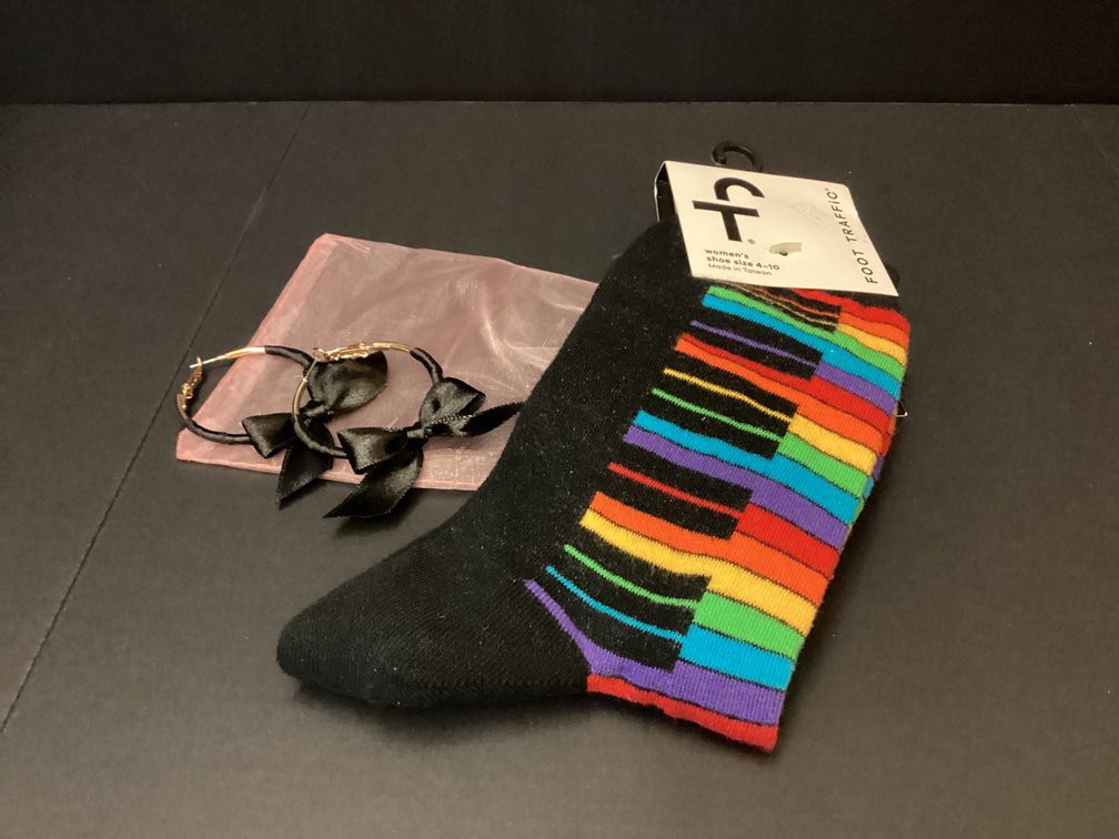 Rainbow piano socks (women’s) and bow hoop earrings