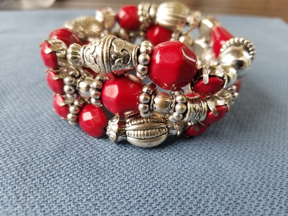Silver & Red Beaded Form Bracelet