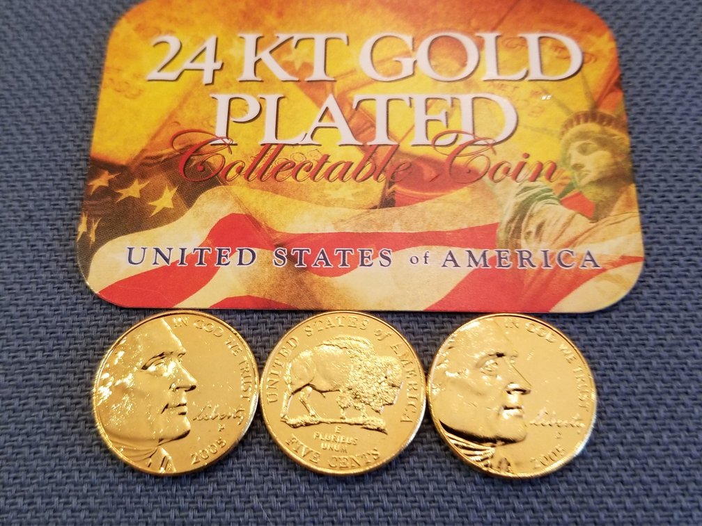 3 24kt Gold Plated Jefferson Nickles 