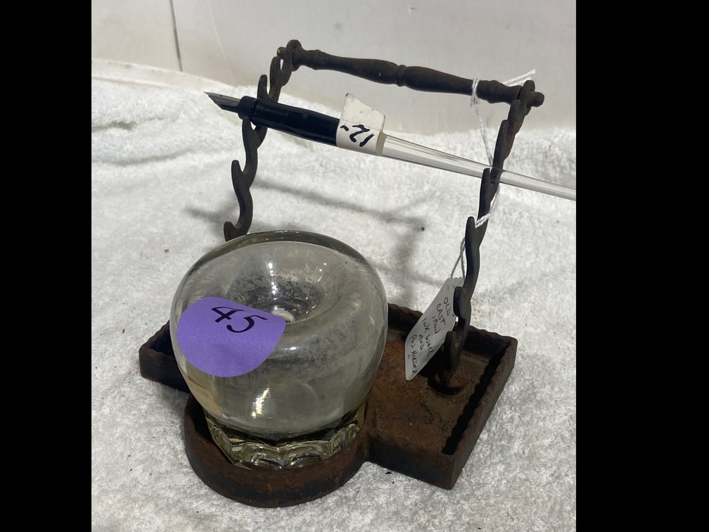 Old cast iron ink well and pen holder