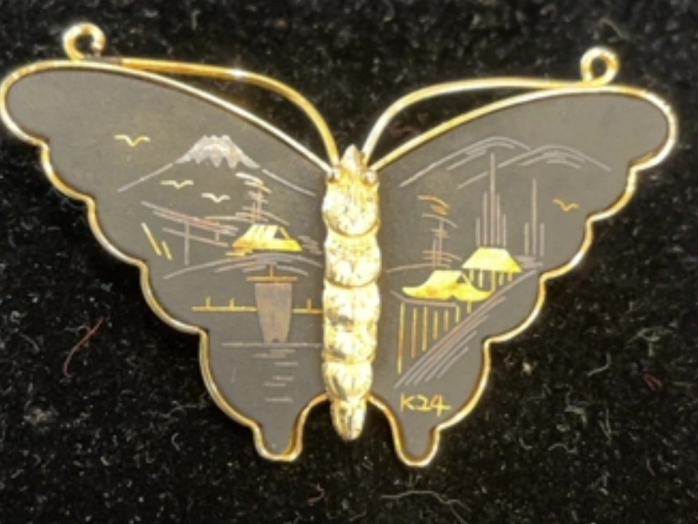 K24 Gold Damascene Butterfly Brooch