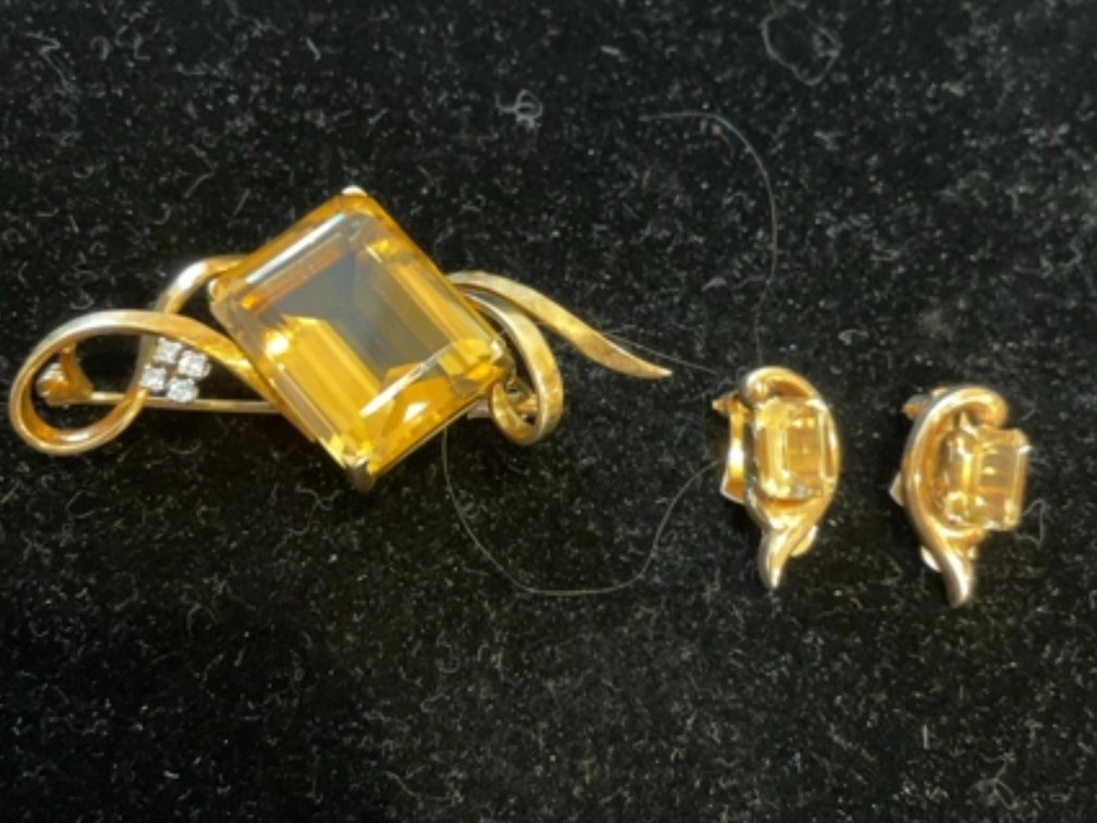 10K Gold, Diamond and  Topaz Brooch and Earrings 
