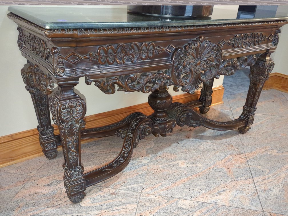 Asian Style Heavy Carved Console Table Base With Green Marble Top