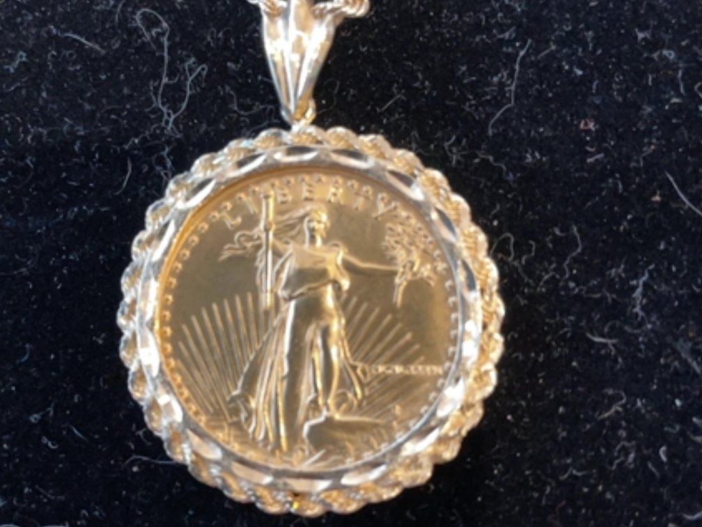 $25 Gold Eagle Coin Pendant On 14K Gold Chain 