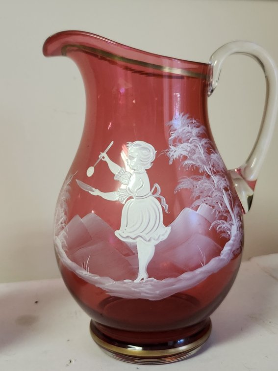 Hand painted Cranberry pitcher, vase