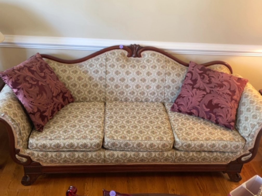 Antique rolled arm carved sofa, 81” long