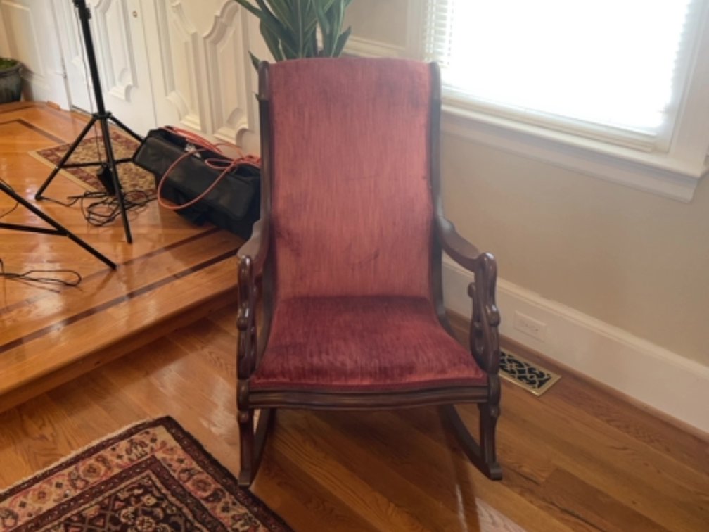 Antique rocker, velvet upholstery, swan arms
