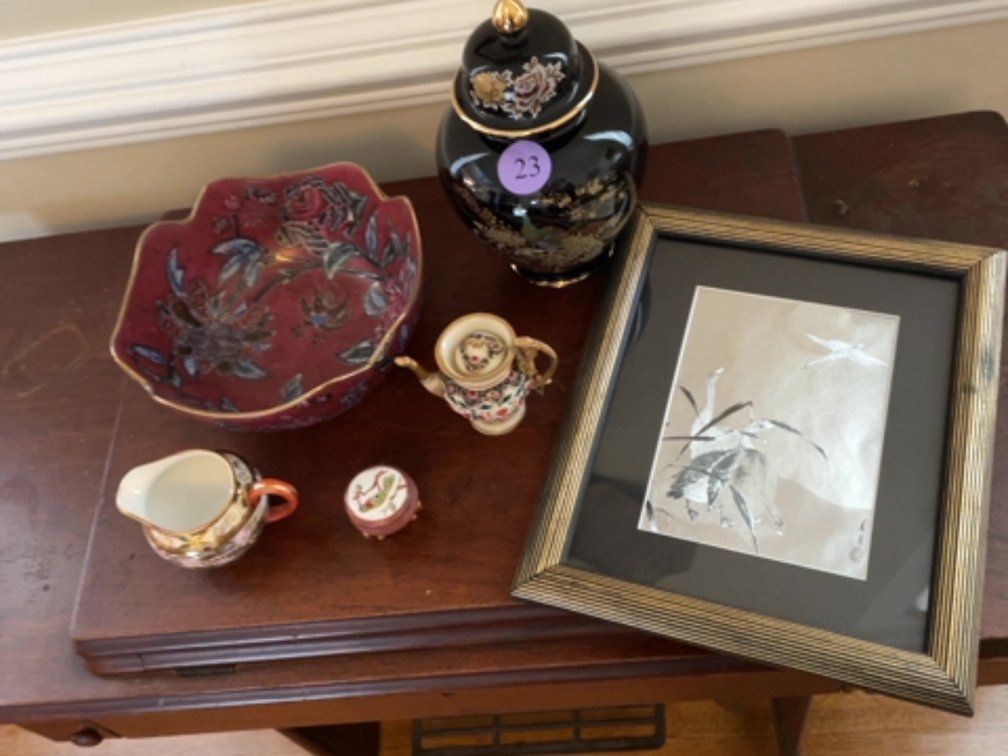 Asian inspired lot: bowl, ginger jar; print, etc