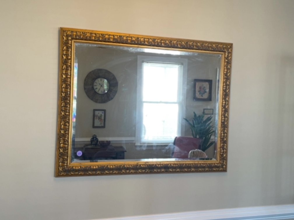 Gold framed mirror, beveled; 46” x 36”