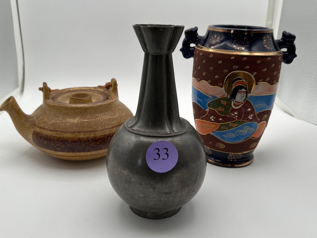  Vintage Satsuma Vase, Pottery Teapot and Pewter Vase Lot 