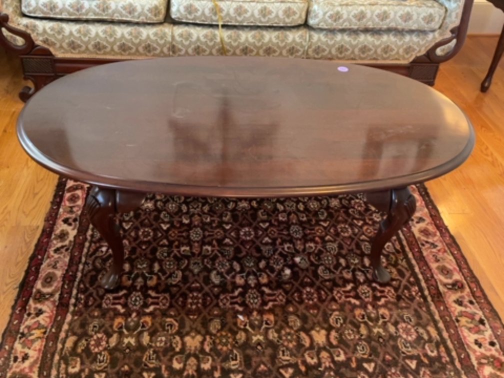 Queen Anne style coffee table; 46” x 26” x 17” tall 