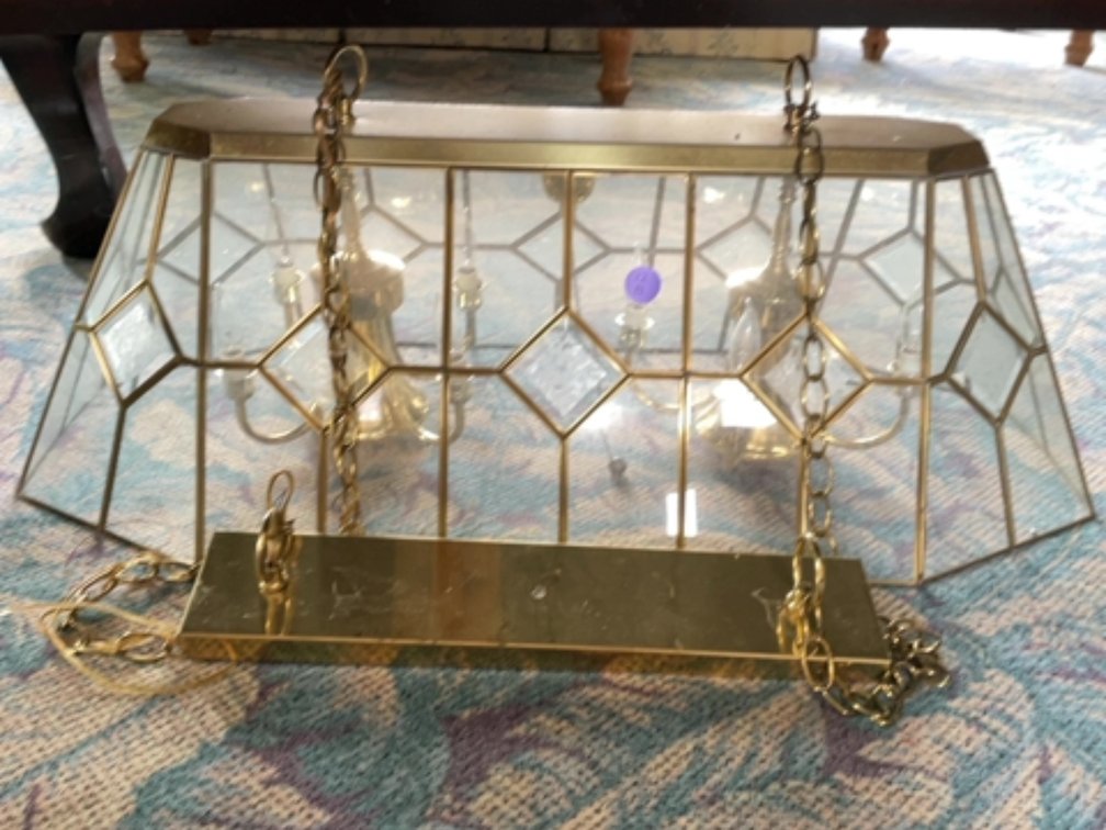 Hanging leaded glass and brass light fixture for pool table 