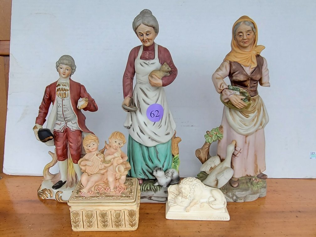 Large Porcelain Figurines, Jewelry Box, and Lion Figurine 