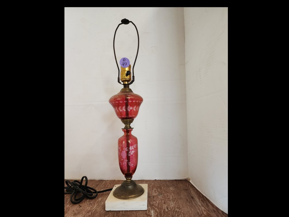 Vintage  Cranberry  Cut to Clear Marble Base Lamp