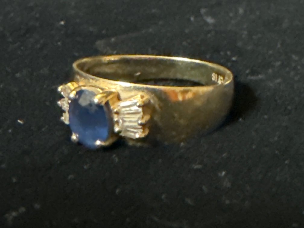 14k Gold and Sapphire and Baguette Diamond Ring