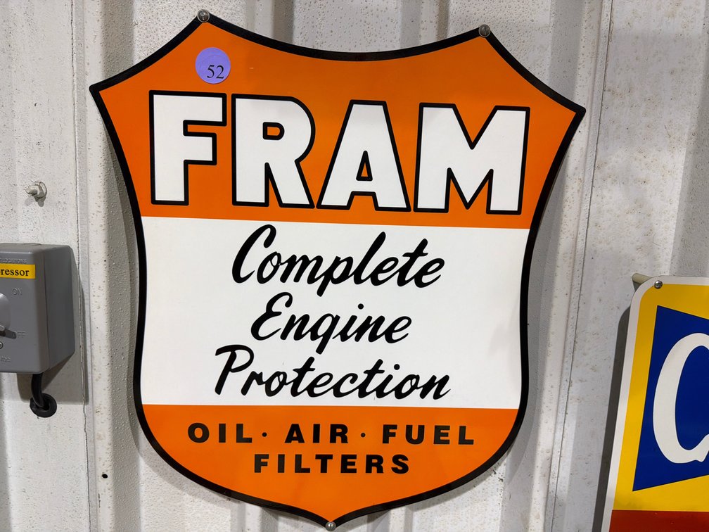 FRAM engine protection die-cut metal sign 18”x19”