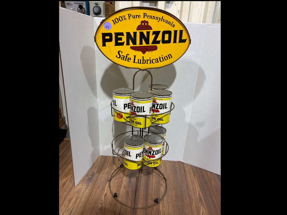 Pennzoil Vintage sign, rack, and cans