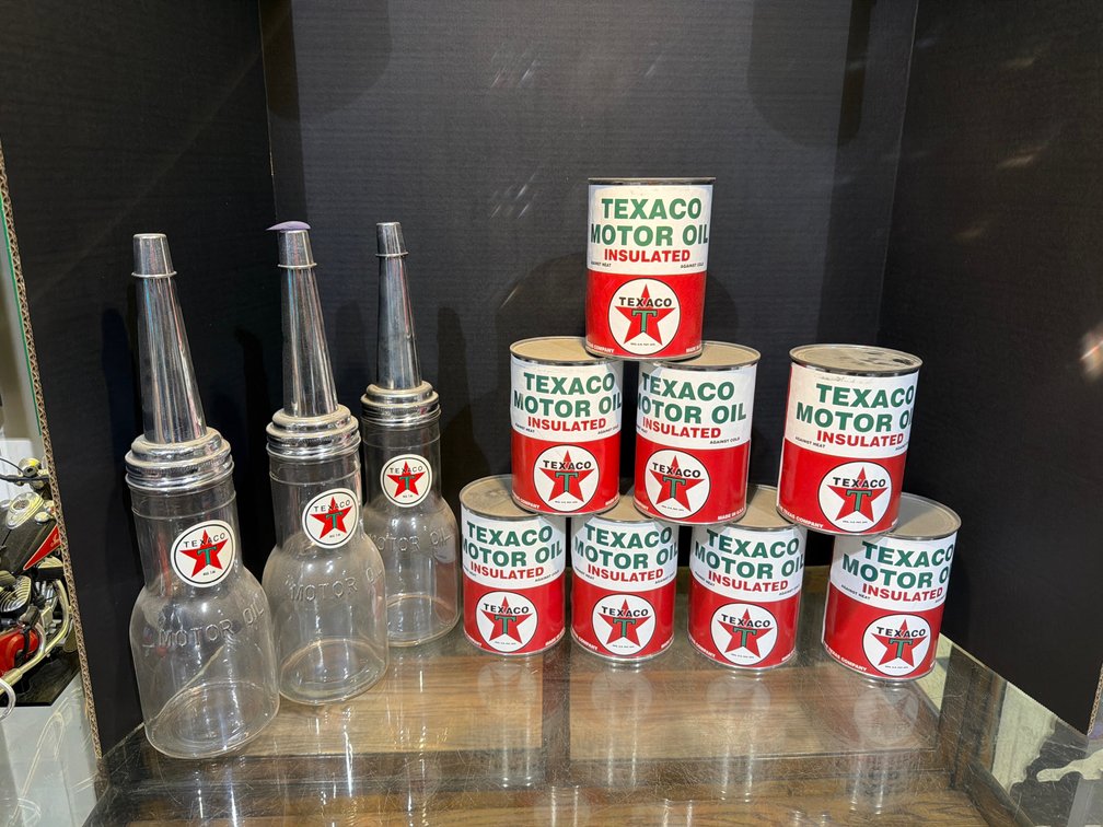 Texaco Motor Oil Cans (8) & Glass Motor Oil Bottles (3)