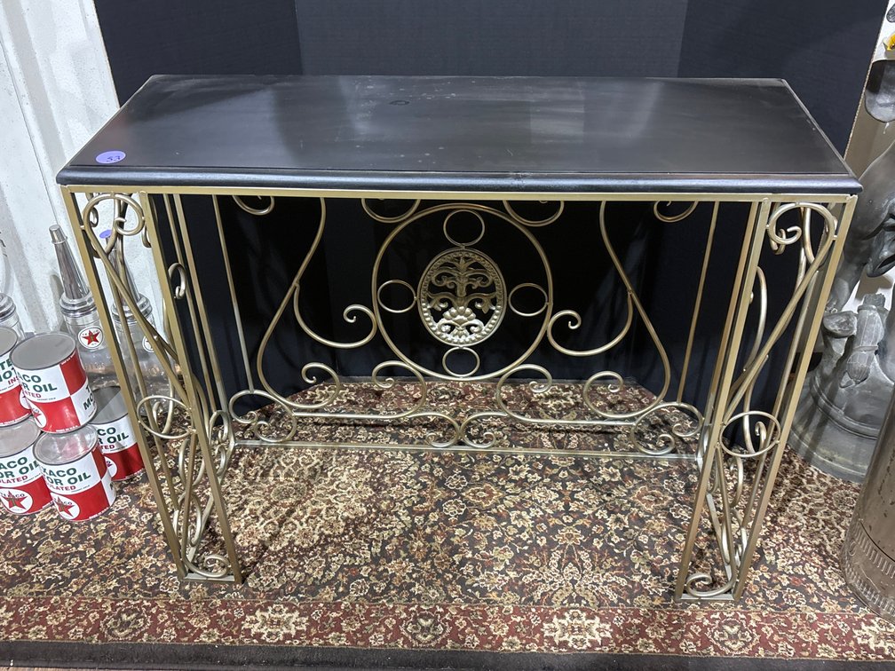 Brass and laminate console table; 35” x 13” x 29” tall