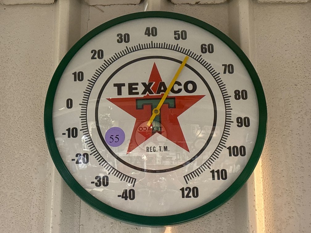 Texaco round wall thermometer; 14” in diameter