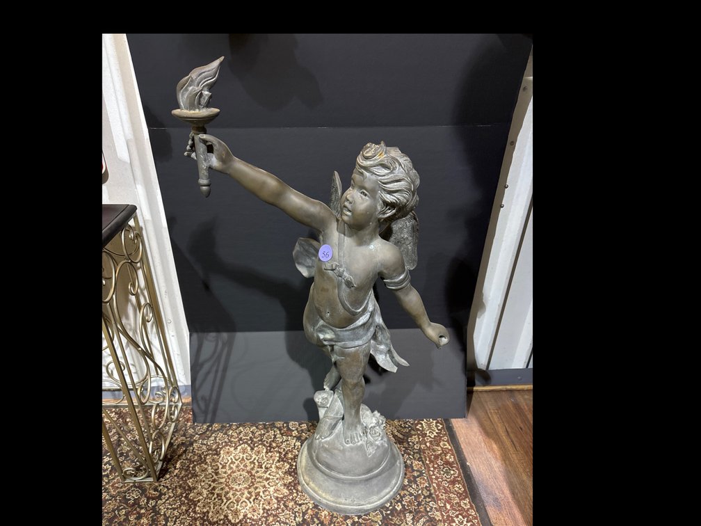 Bronze winged statue with torch; 12” x 42” tall