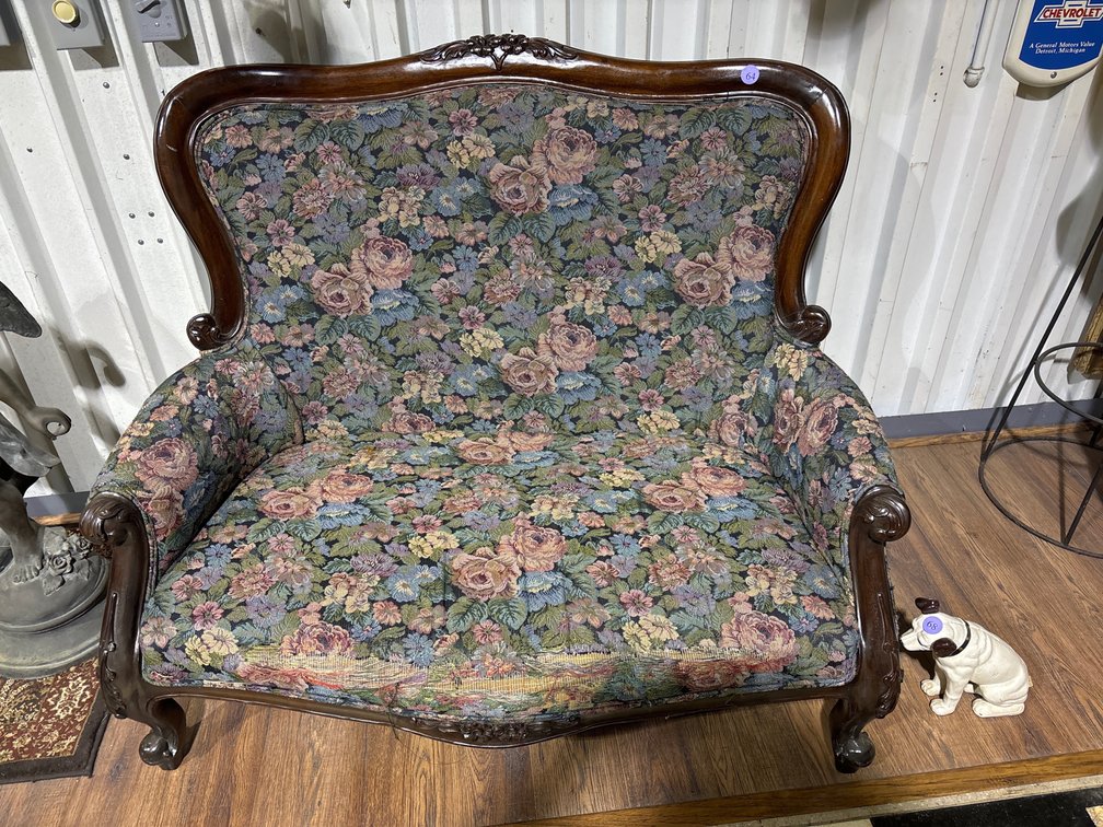 Antique settee w/ tapestry upholstery; 50” x 35” x 41” tall