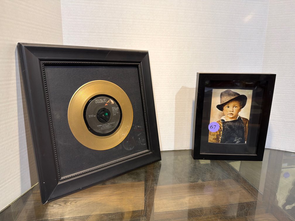 Framed Elvis as Boy and Framed Gold Record “Mama Liked The Roses”