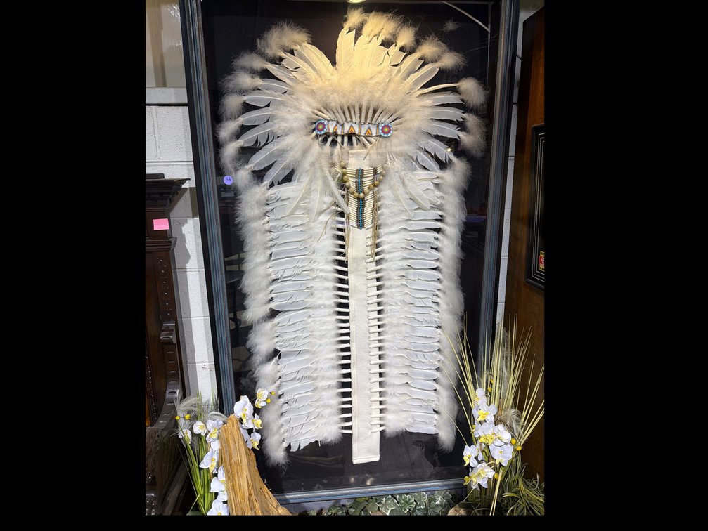 Native American Indian headdress 46”w x 81T Framed Shadow Box