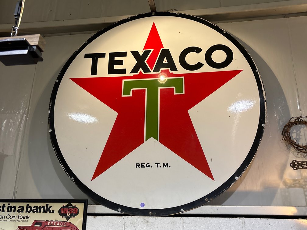 Texaco Antique double sided porcelain sign, 6’ in diameter