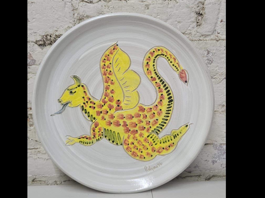 Signed Art Pottery Platter with Dragon