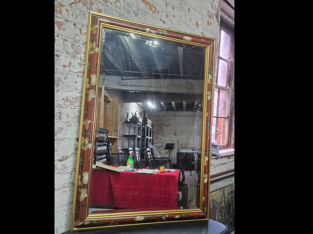 Beveled Edge Mirror with Gilt and Floral Frame