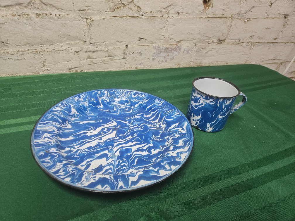 Blue and White Swirl Enamelware - Plate and Cup