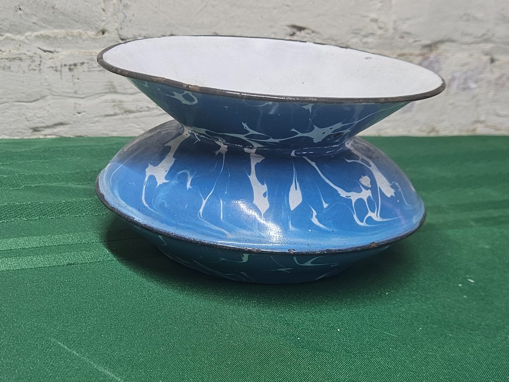 Blue and White Swirl Enamelware Spittoon