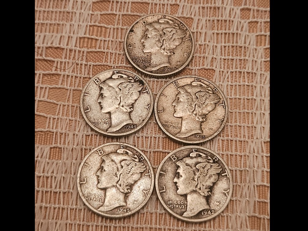 90% SILVER - 5 U.S. Mercury Dimes
