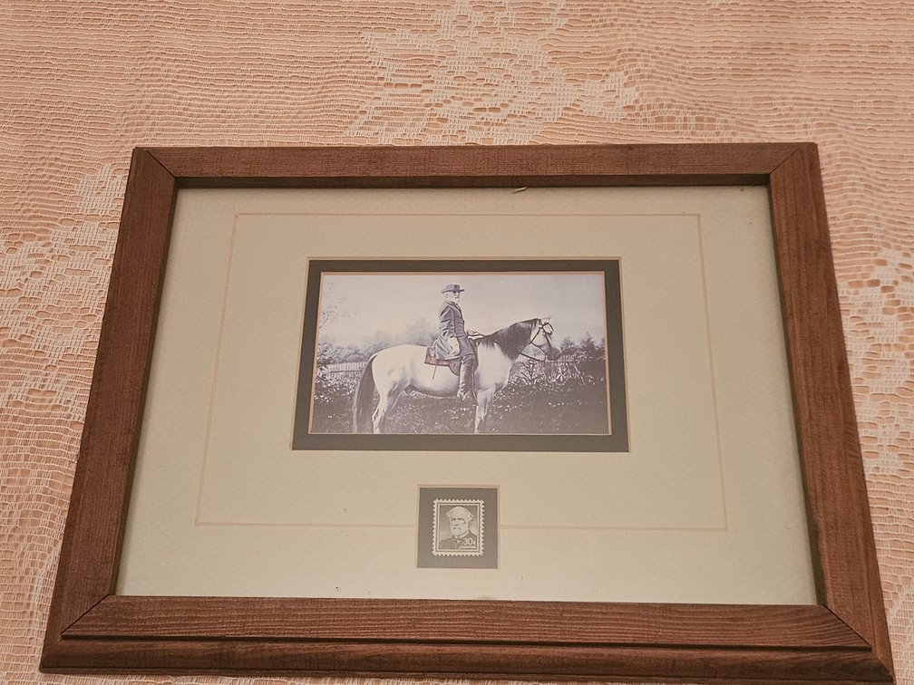 Framed Image of General Robert E. Lee on Traveler and U.S. Postage Stamp