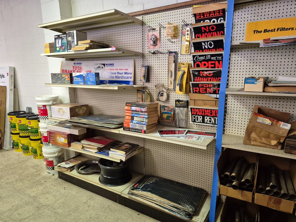 Miscellaneous items on shelves