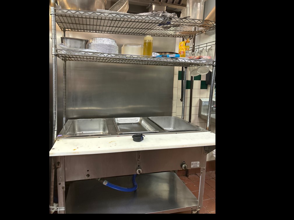 Stainless gas powered steam table unit w/ shelf unit