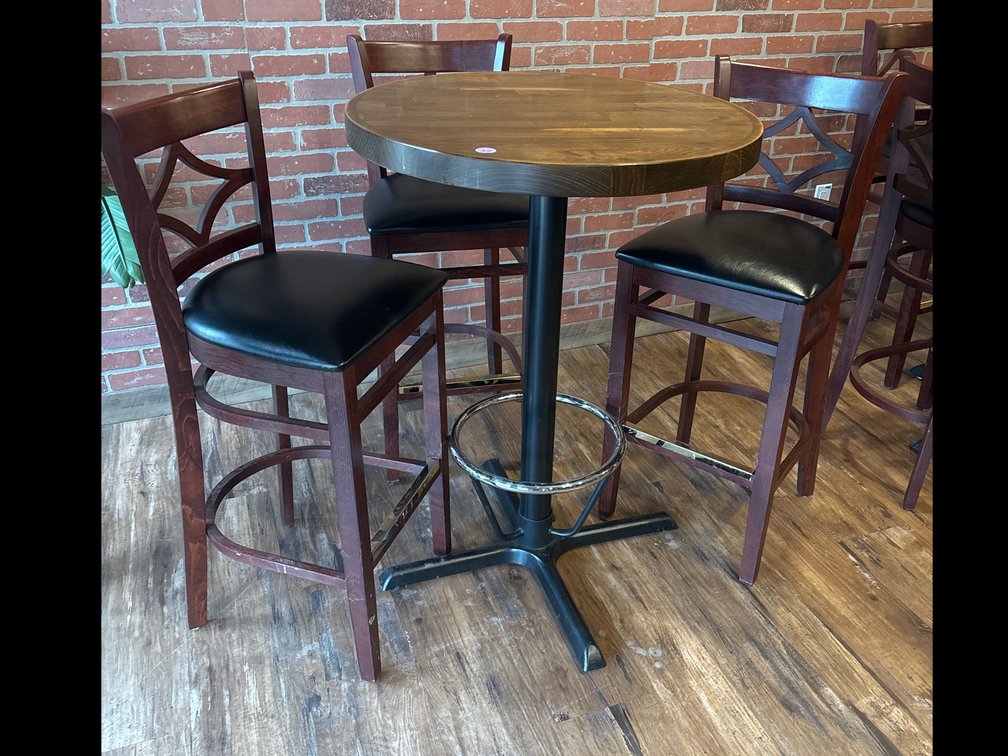 Wood high-top table, 30” x 42” tall/3 stools with vinyl seats