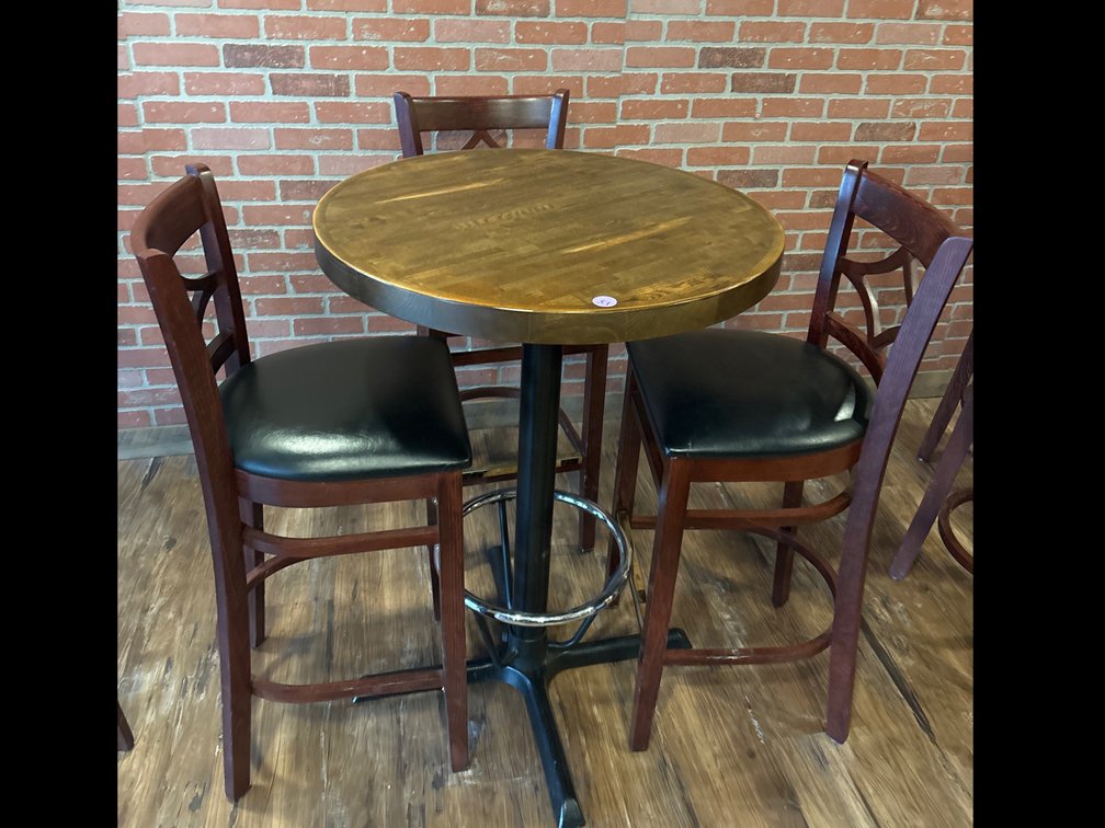 Wood high-top table, 30” x 42” tall/3 stools with vinyl seats