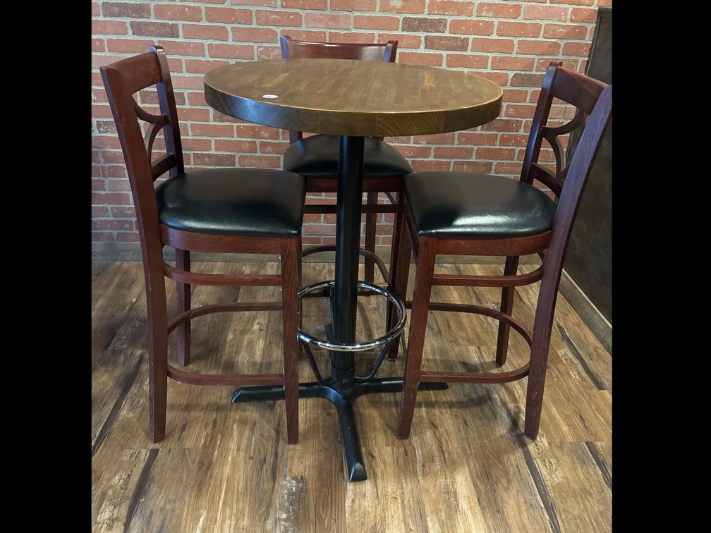 Wood high-top table, 30” x 42” tall/3 stools with vinyl seats
