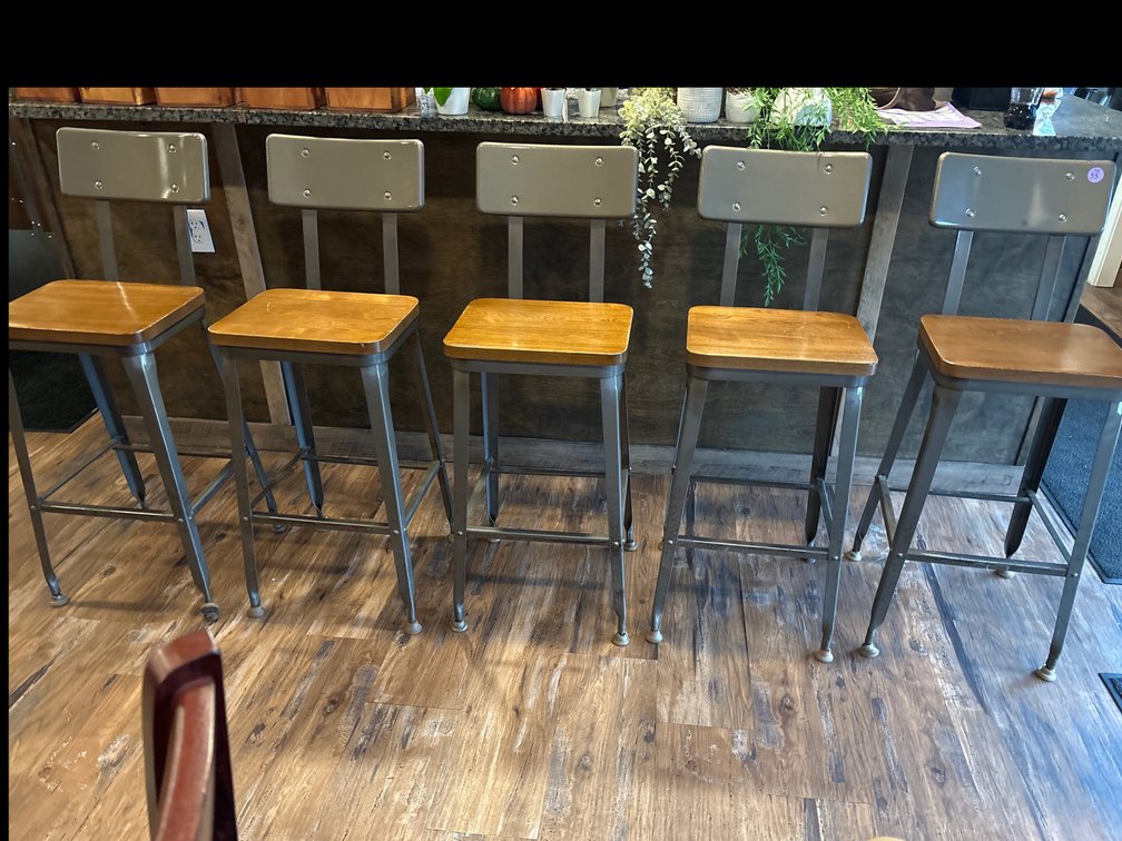 Heavy metal and wood bar stools, seats are 30” from floor