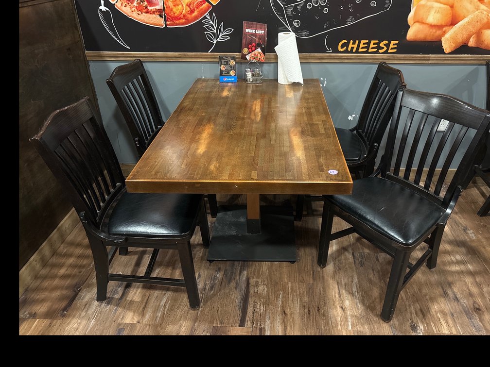 Wooden table w/ pedestal base, 30” x 48”/ 4 chairs, wood w/ vinyl seats