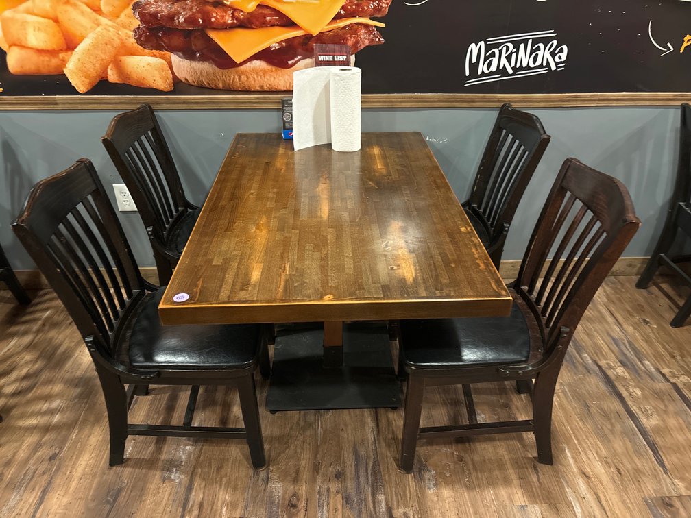 Wooden table w/ pedestal base, 30” x 48”/ 4 chairs, wood w/ vinyl seats