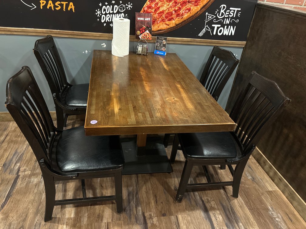 Wooden table w/ pedestal base, 30” x 48”/ 4 chairs, wood w/ vinyl seats