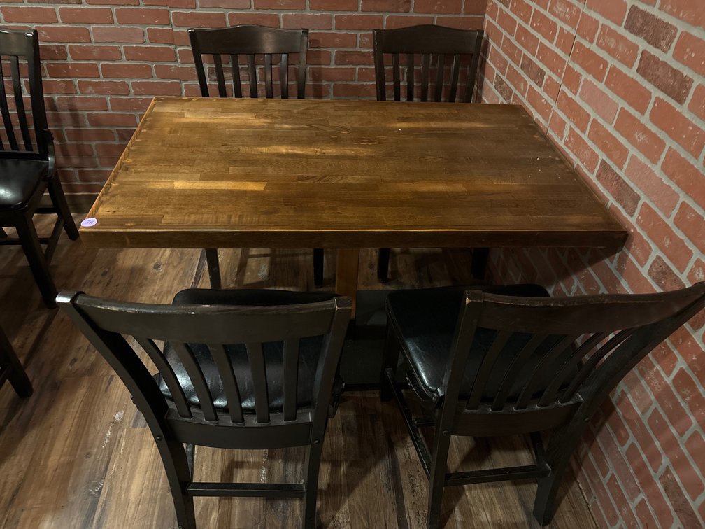 Wooden table w/ pedestal base, 30” x 48”/ 4 chairs, wood w/ vinyl seats