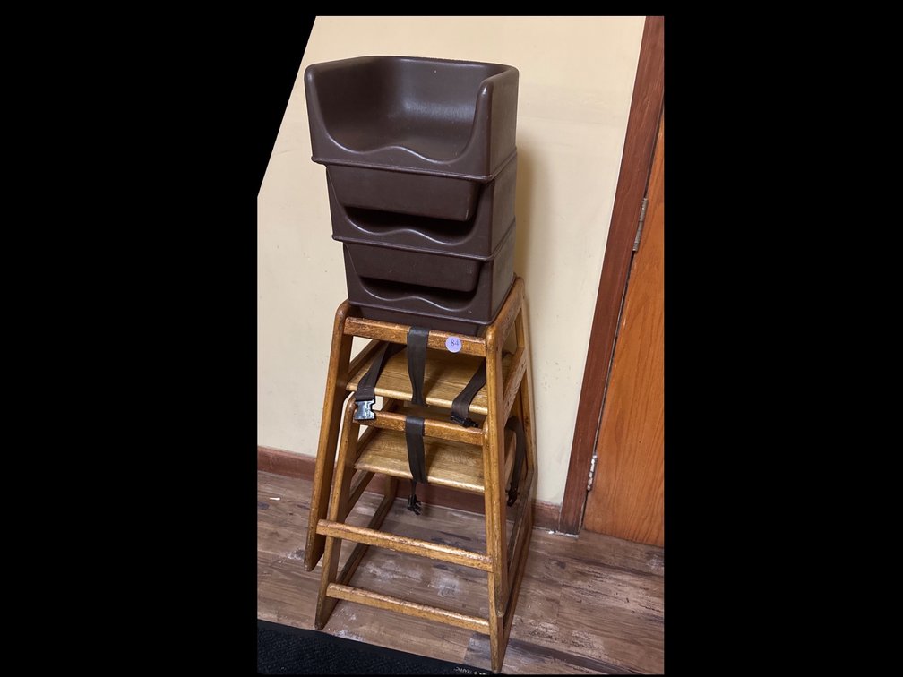 2 Wood High Chairs and 3 Booster Seats