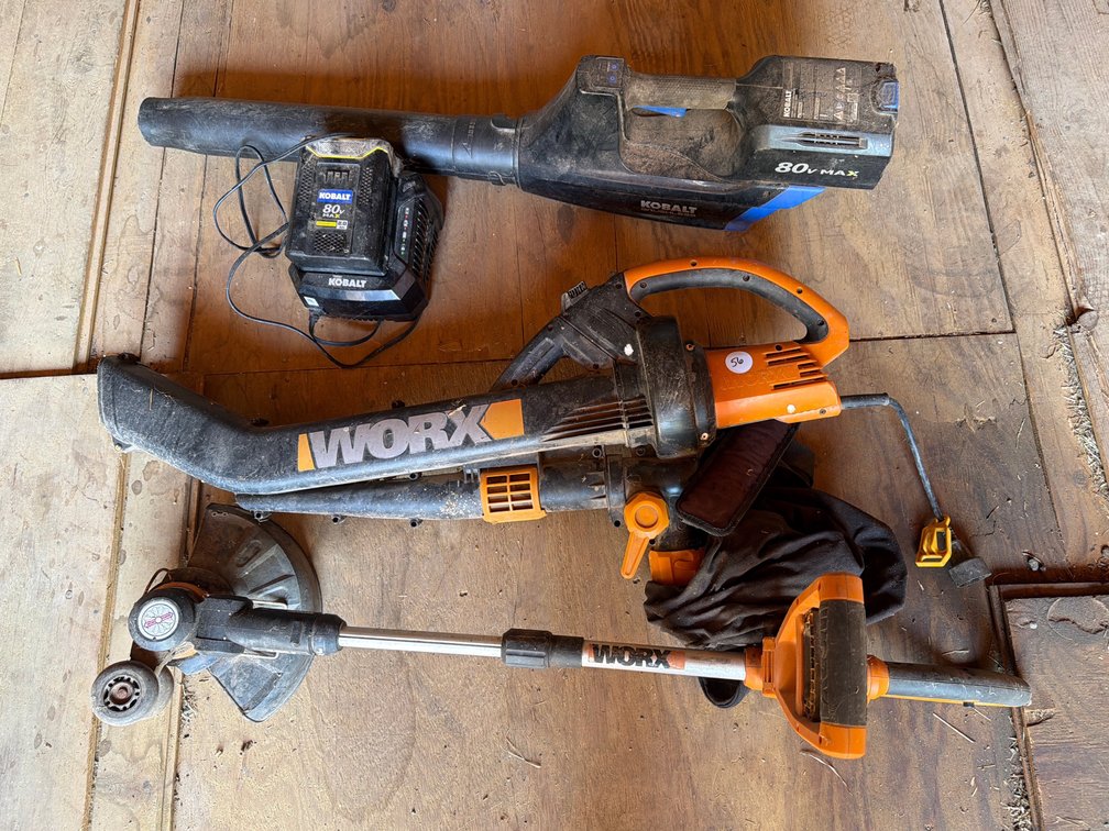 ‘WORX’ cordless weed eater, 3-in-1 electric leaf blower, vacuum, mulcher, and Kobalt leaf blower with battery/charger