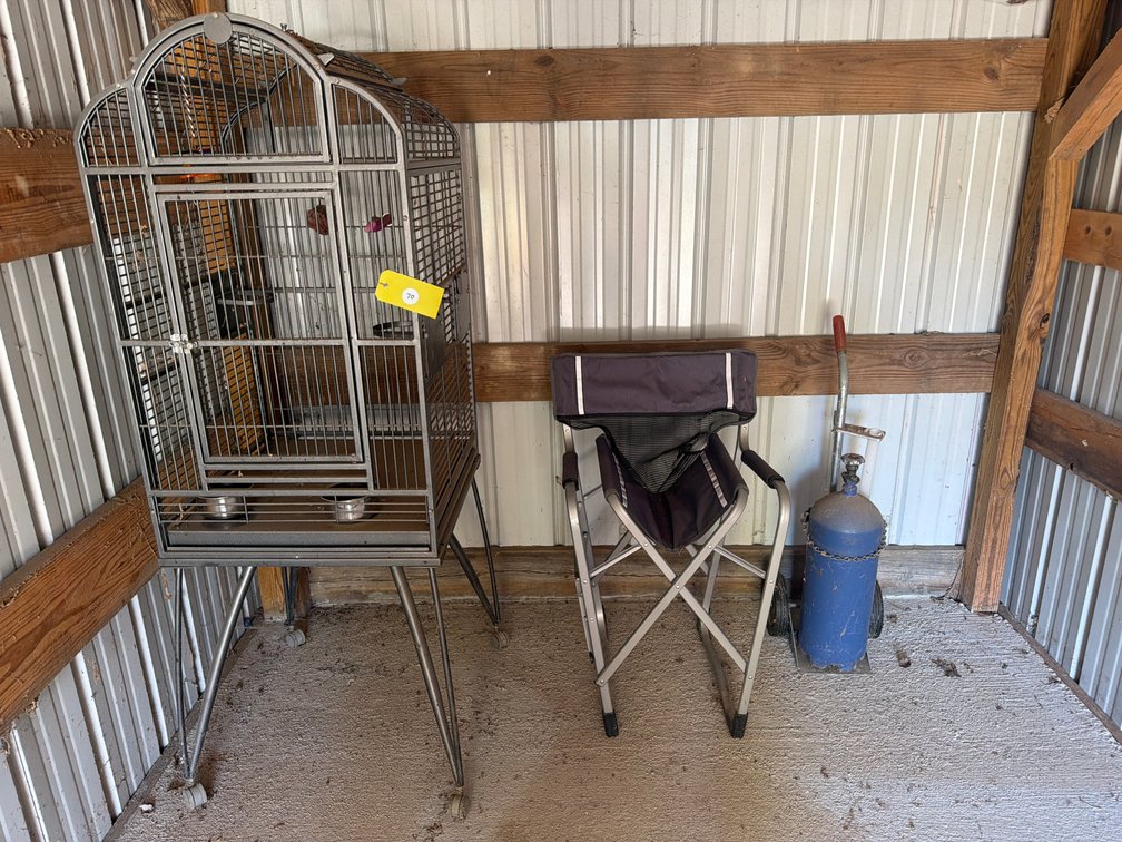 Bird cage on wheels, foldable camping chair, gas cylinder hand truck