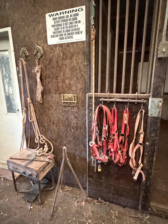 Entire room full of ropes, horse leads, reins, winter covers, etc