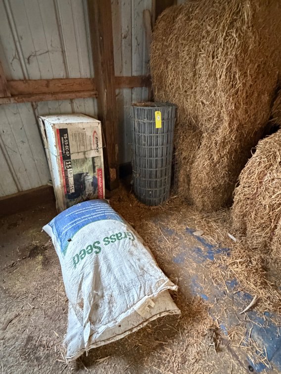 roll of fencing wire, large lot of hay bales, several bags of bedding, small cat houses/toys, etc